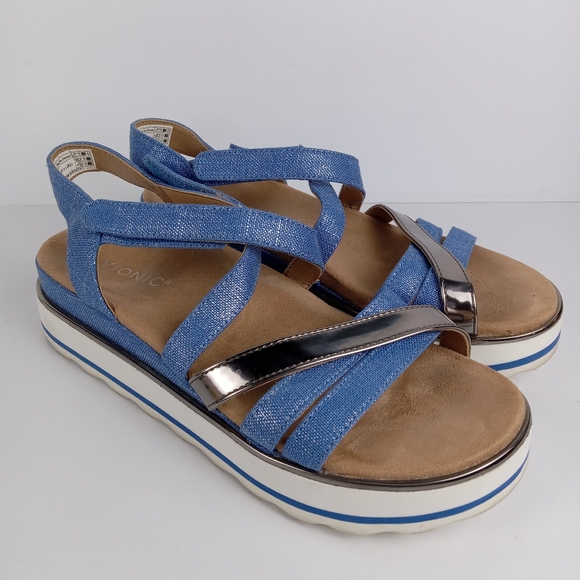 Vionic Sandals Womens Size 7 Kellyn Blue Silver Slingback Wedge Platform Strappy - Picture 1 of 8